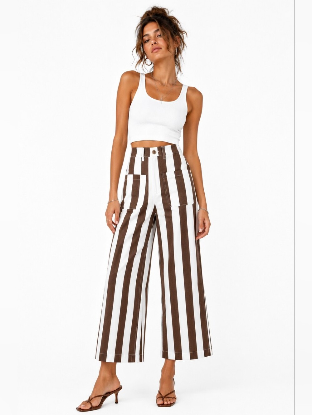 Altar'd State Brown White Stripe High Waist Wide Leg Crop Jeans 25 summer chic
